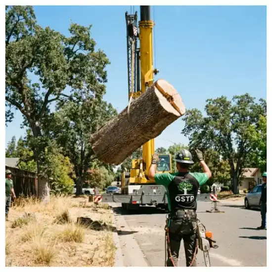 Crane lowering a tree section during a Jacksonville removal